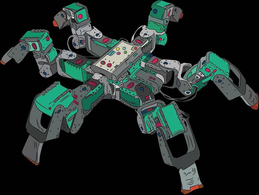 Ilustracja ośmionożnego robota z kontrolerem na grzbiecie, utrzymana w stylu kreskówki z dominującą zielenią i szarością na czarnym tle.
