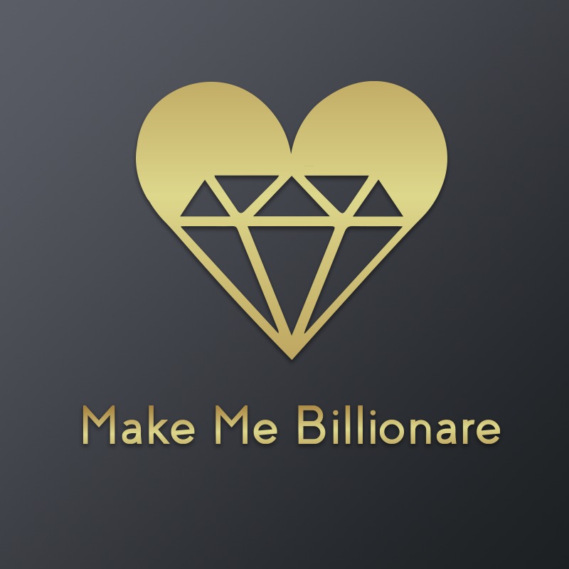 Złote logo firmy z sercem i diamentem na ciemnoszarym tle, z napisem 'Make Me Billionaire' poniżej.