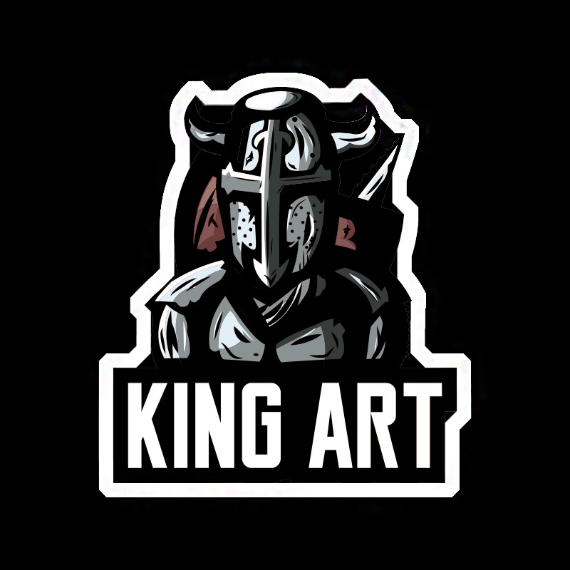 Stylizowane logo firmy King Art przedstawiające rycerza w hełmie z rogami na czarnym tle.