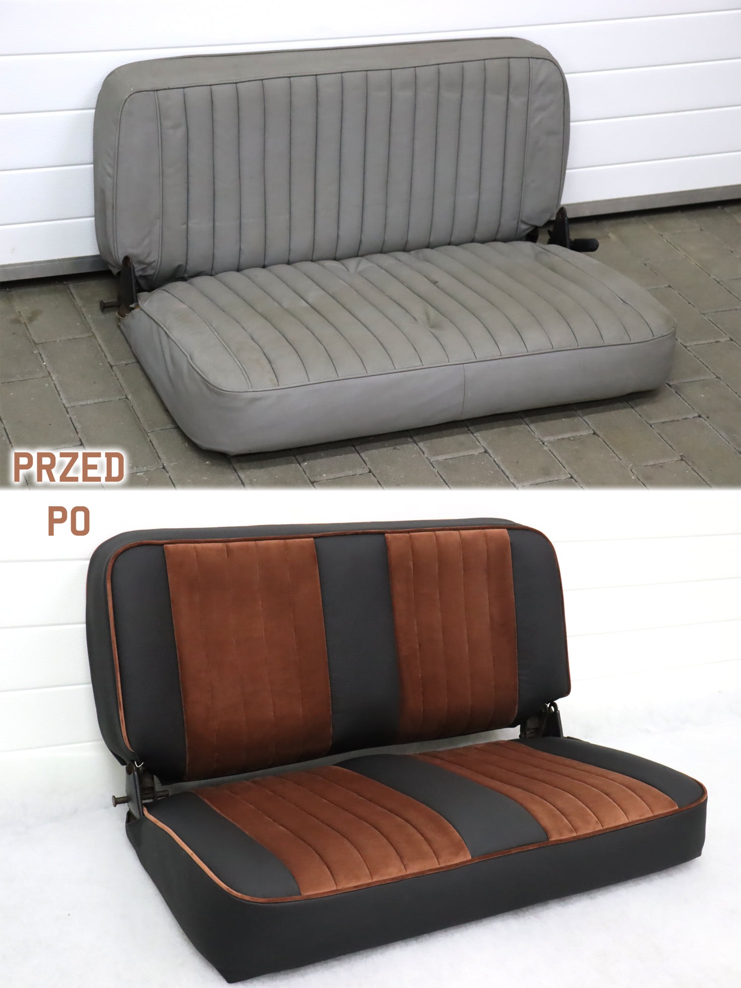 Zdjęcie przedstawia tapicerowane siedzenie samochodowe w dwóch wersjach: szarej (przed) i czarno-brązowej (po renowacji), ukazując efekt odświeżenia i zmiany kolorystyki tapicerki.