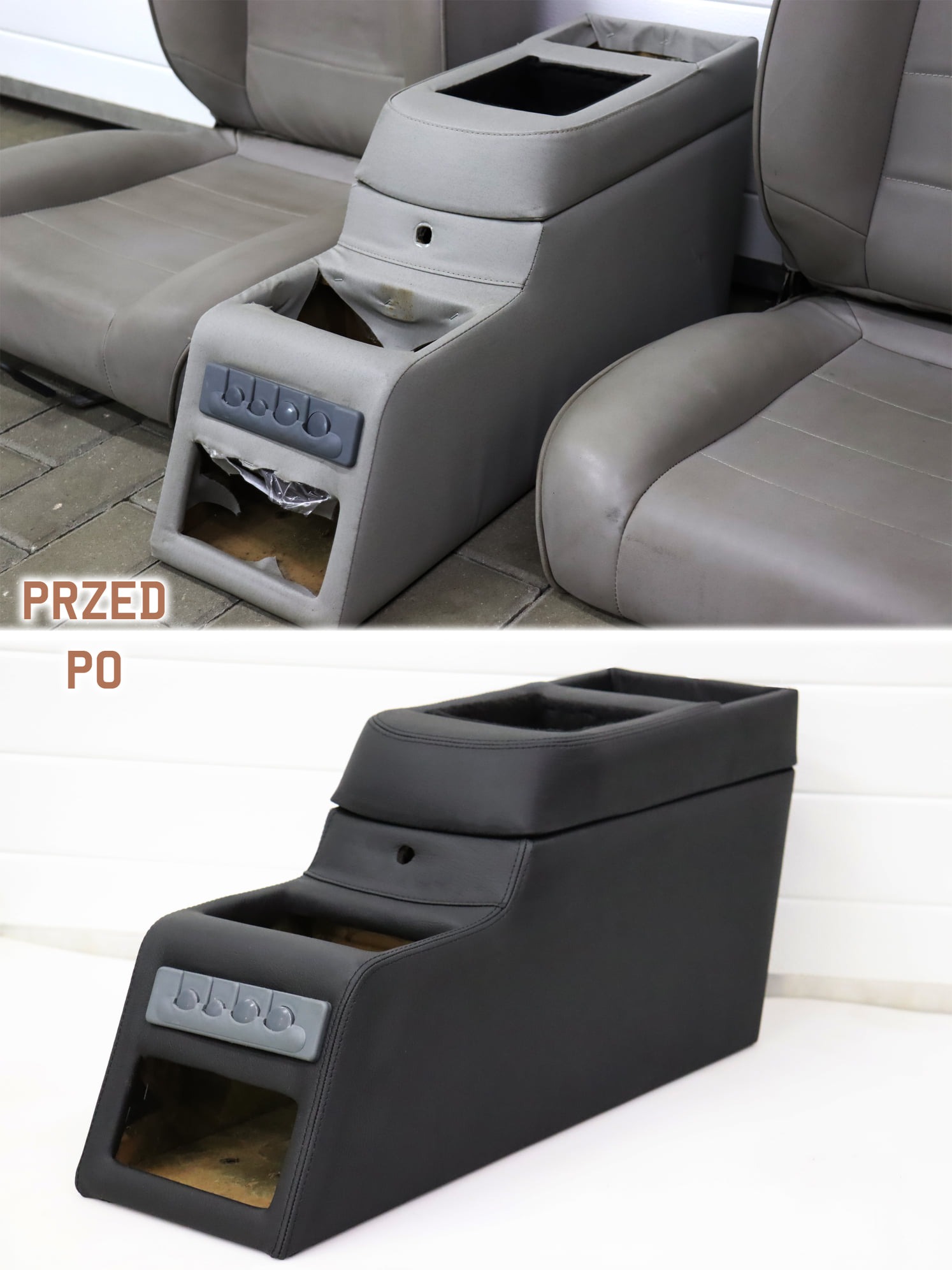 Konsola środkowa samochodu przed i po renowacji tapicerki: z szarej, zniszczonej na czarną, odnowioną, z widocznymi szwami i przyciskami.