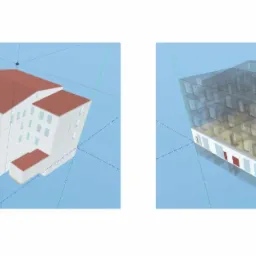 Grafika 3D przedstawiająca dwa modele budynku: jeden pełny z czerwonym dachem i białymi ścianami, drugi szkieletowy z widocznym układem pomieszczeń.