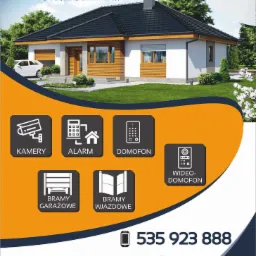 Grafika reklamowa firmy A-MARANT prezentująca dom z zainstalowanymi systemami zabezpieczeń, w tym kamery, alarm, domofon, wideodomofon, brama garażowa i brama wjazdowa, z numerem telefonu i adresem...