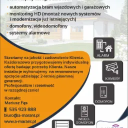 Grafika reklamowa firmy oferującej automatyzację bram, monitoring HD, domofony, wideodomofony i systemy alarmowe, z danymi kontaktowymi i logo firmy A-MARANT.