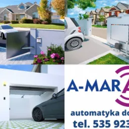 Kompozycja z czterech ujęć: brama wjazdowa automatyczna z samochodem osobowym, brama wjazdowa przesuwna automatyczna z małym samochodem, brama garażowa automatyczna z samochodem osobowym, logo...