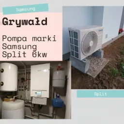 Zewnętrzna jednostka klimatyzacji Samsung Split 6kW na betonowych podstawach, obok ściany budynku z rabatką kwiatową; w tle instalacja wewnętrzna z zbiornikami wyrównawczymi i kotłem.