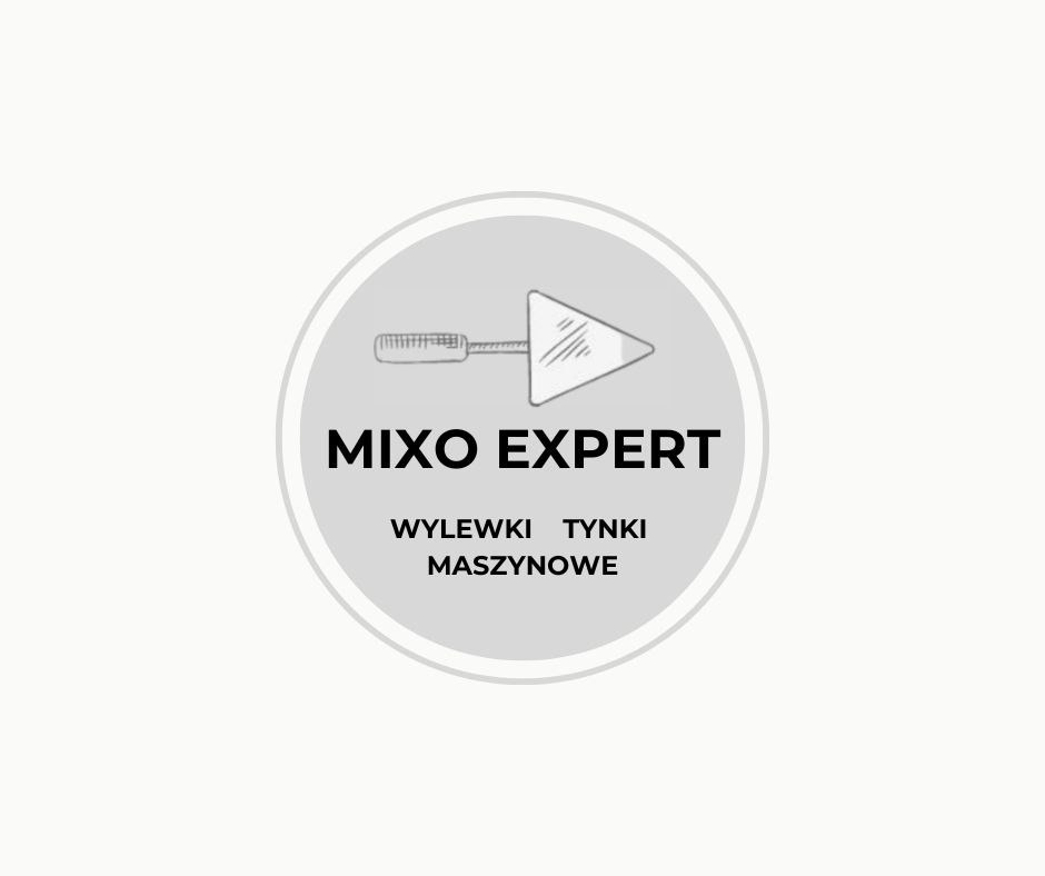 Logo firmy Mixo Expert prezentujące kielnię w okręgu, z napisem 'Wylewki Tynki Maszynowe' poniżej nazwy firmy.