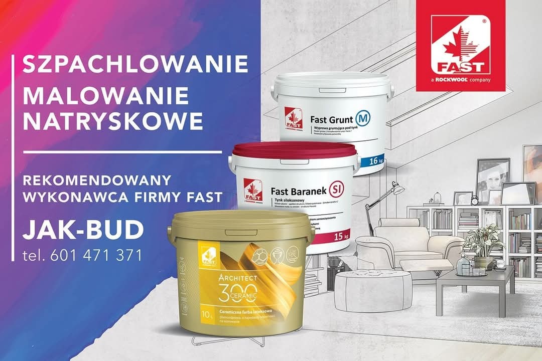 Reklama farb FAST: grunt, baranek, farba ceramiczna Architect 3 Ceramic. Szpachlowanie, malowanie natryskowe. Rekomendowany wykonawca JAK-BUD, tel. 601 471 371.