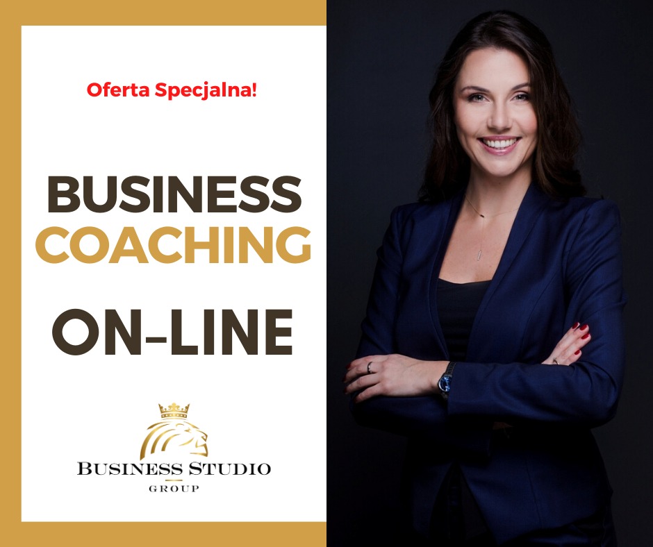 Grafika reklamowa: 'Oferta Specjalna! Business Coaching ON-LINE' z logo Business Studio Group i portretem uśmiechniętej kobiety w granatowym żakiecie na ciemnym tle.