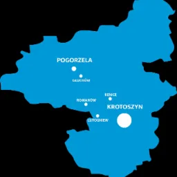 Mapa zasięgu internetu radiowego obejmująca obszar Pogorzeli, Krotoszyna, Romanowa, Lutogniewa, Benic i Głuchowa, przedstawiona w kolorze niebieskim na czarnym tle.