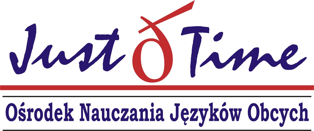 Logo Ośrodka Nauczania Języków Obcych 'Just Time' z elementem graficznym w kolorze czerwonym przypominającym odręczną literę 'O' i stylizowanym napisem 'Just Time' w kolorze granatowym.