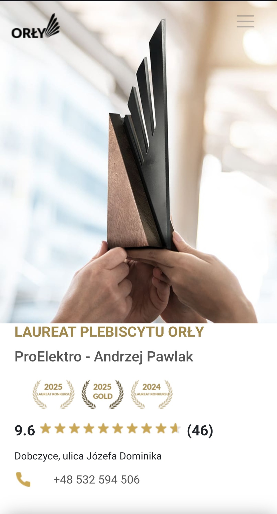 Dłonie trzymają nagrodę w postaci statuetki z drewnianą podstawą i czarnymi, stopniowanymi elementami, na rozmytym tle jasnego wnętrza.