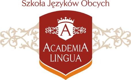 Logo Szkoły Języków Obcych 'Academia Lingua' z stylizowaną literą A i koroną wewnątrz bordowego herbu z pomarańczową obwódką, ozdobione beżowymi ornamentami.