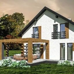 Wizualizacja dwukondygnacyjnego domu z białym tynkiem, czarnym dachem i drewnianą pergolą nad tarasem, otoczonego zielenią.