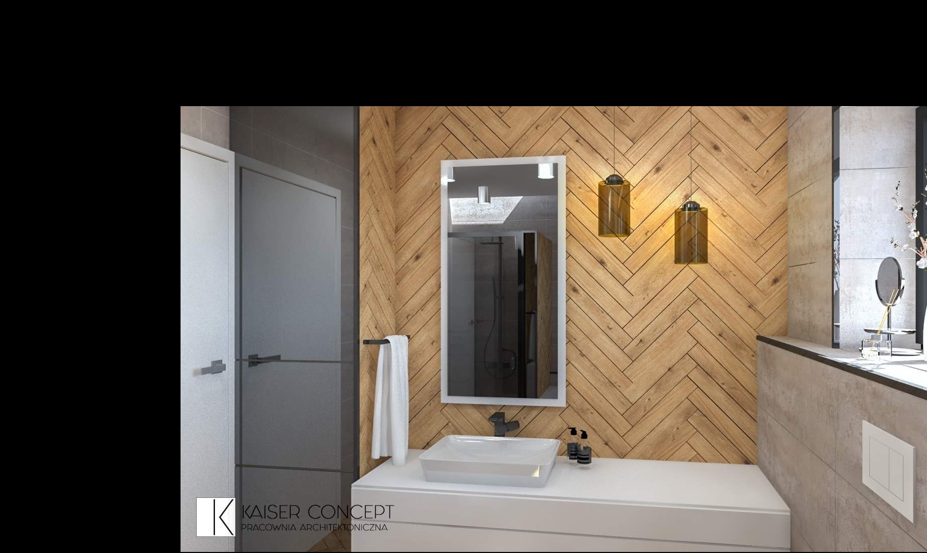 Wizualizacja łazienki z drewnianą ścianą ułożoną w jodełkę, prostokątnym lustrem, białą umywalką i wiszącymi lampami w kolorze bursztynu.