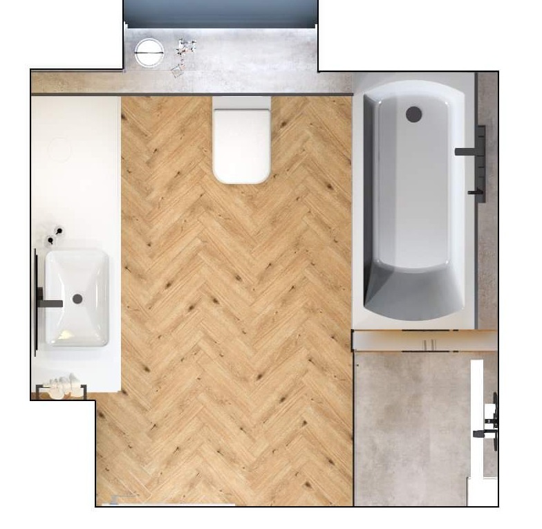 Rzut z góry na łazienkę z drewnianą podłogą ułożoną w jodełkę, białą umywalką, toaletą i wanną, widoczne czarne akcenty armatury.