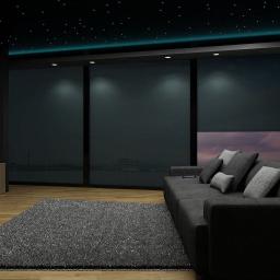 NORD-WEST Sp. z o. o. - Salon kina domowego z sufitem w gwiazdy, szarą sofą, dużym ekranem i panelami akustycznymi na ścianie.