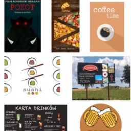 Portfolio graficzne Kacpra Piatkowskiego: plakat filmowy, wizualizacje pizzy i kawy, sushi, drogowskaz restauracji i karta drinków z piwem.
