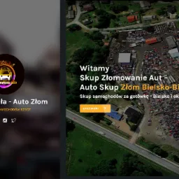 Widok z lotu ptaka na plac składowania pojazdów przeznaczonych do kasacji w Bielsku-Białej, z widocznymi budynkami i drogą dojazdową, logo firmy z nazwą domeny zlomowanie.info.