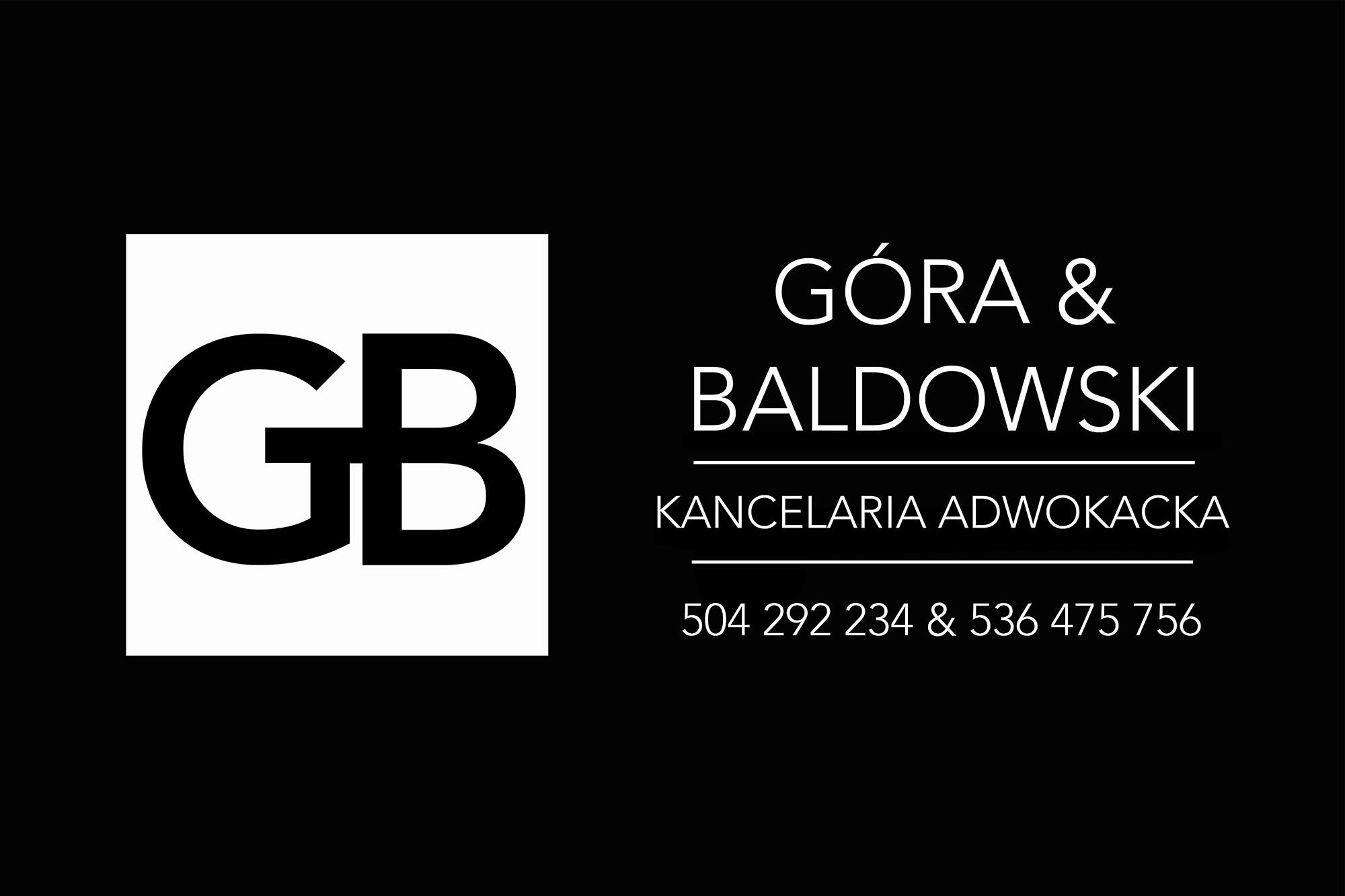 Logo kancelarii adwokackiej Góra & Baldowski z inicjałami GB i numerami telefonów na czarnym tle.