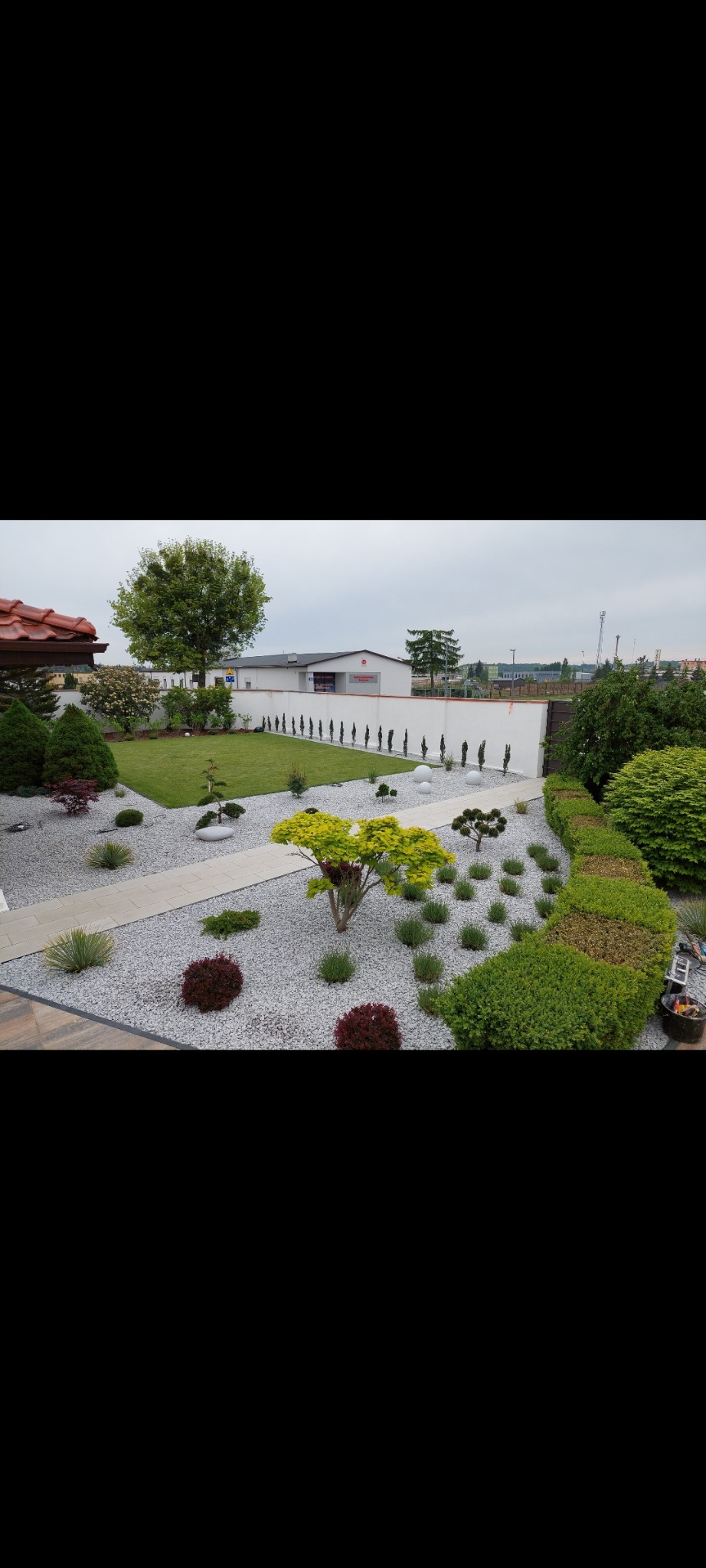 Nowoczesny ogród z białym żwirem, strzyżonymi krzewami i ścieżką z płyt. Minimalistyczny design z elementami japońskimi. Tło stanowi biały mur.