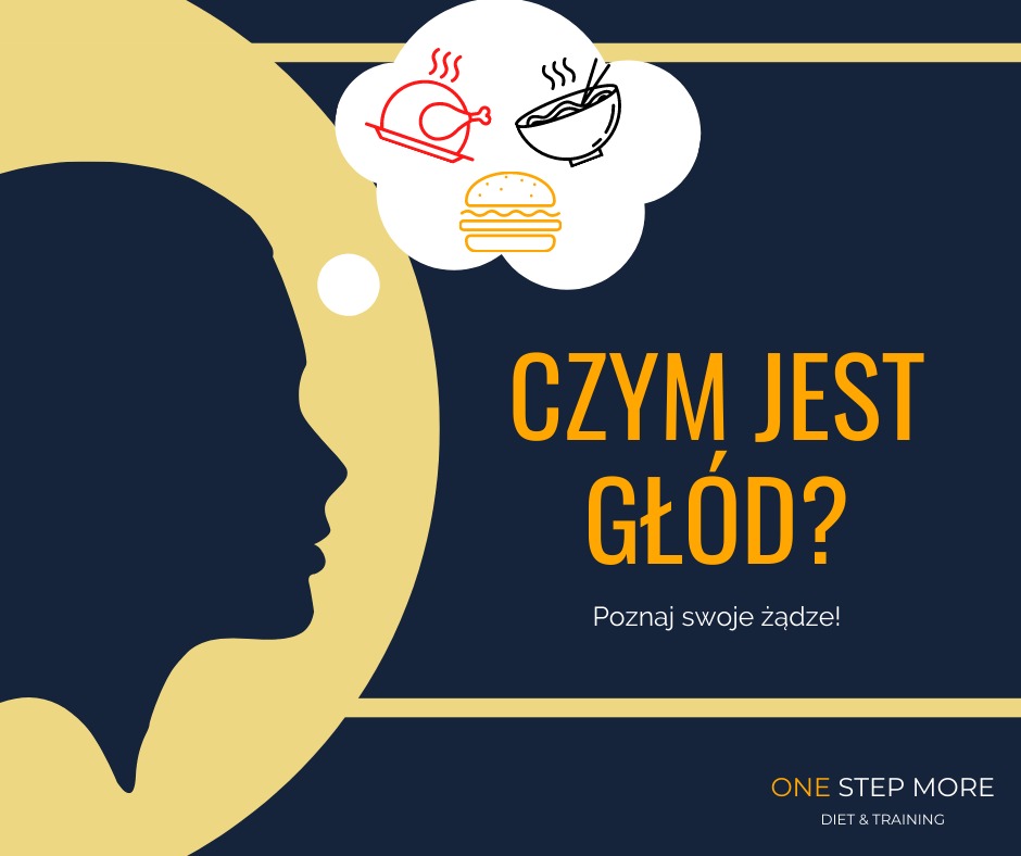 Grafika z sylwetką głowy i ikonami jedzenia (kurczak, zupa, hamburger) w chmurce, pytaniem 'Czym jest głód?' i napisem 'Poznaj swoje żądze!' oraz logo 'One Step More Diet & Training'.