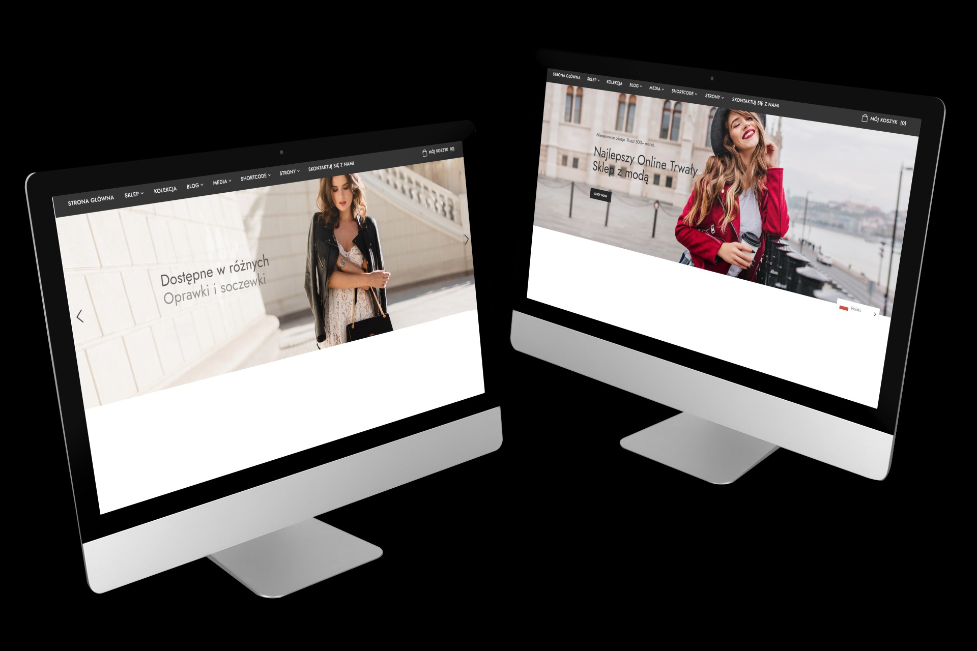 Dwa monitory iMac wyświetlające strony internetowe sklepów odzieżowych, z różnymi modelkami i układami graficznymi, na czarnym tle.