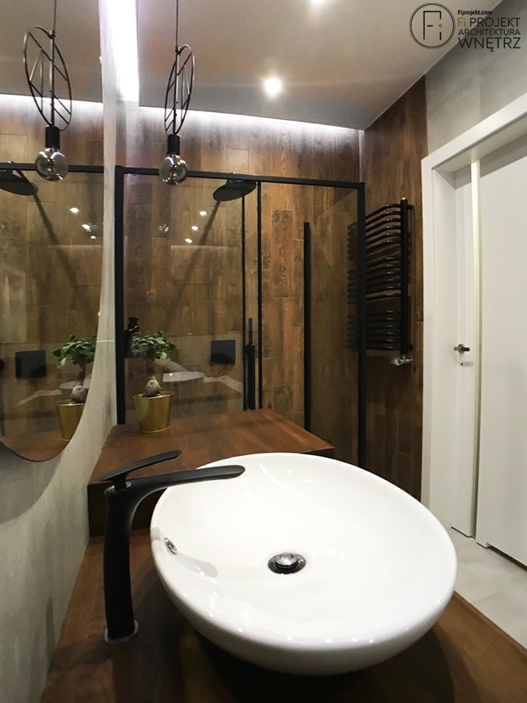 Projekt wnętrz w warszawie. Wykonany przez Fi Projekt Katarzyna Filipowicz. Łazienka w industrialnym klimacie.