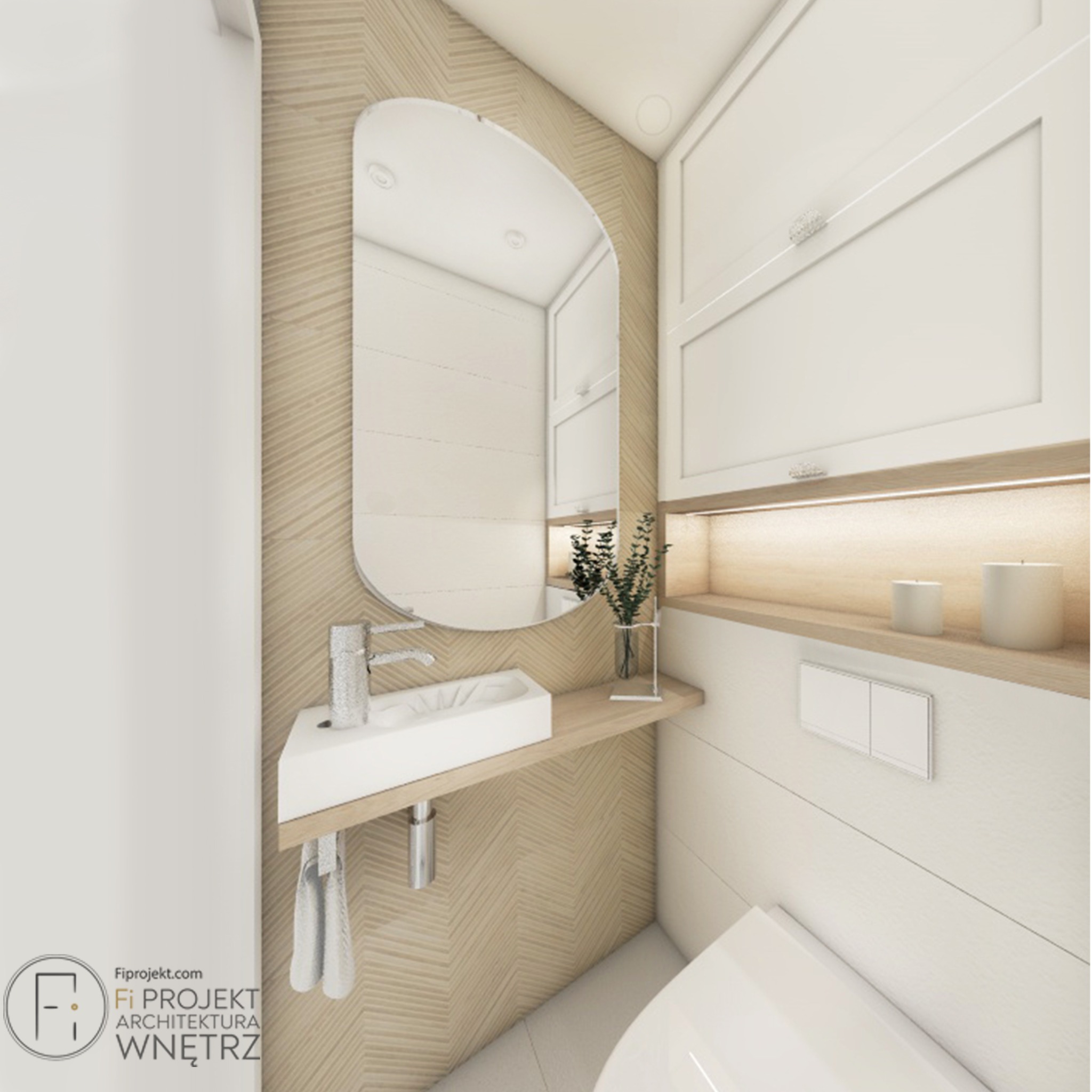 Wizualizacja małej łazienki z umywalką nablatową na drewnianym blacie, owalnym lustrem, drewnianą ścianą w jodełkę, wiszącą szafką i toaletą.