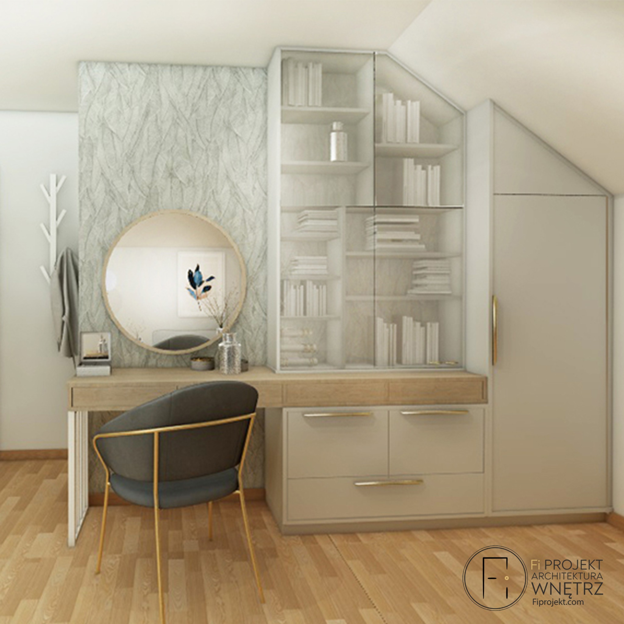 Wizualizacja pokoju gościnnego z toaletką, okrągłym lustrem i szafką z przeszkloną witryną na książki, utrzymana w jasnej kolorystyce z akcentami złota.