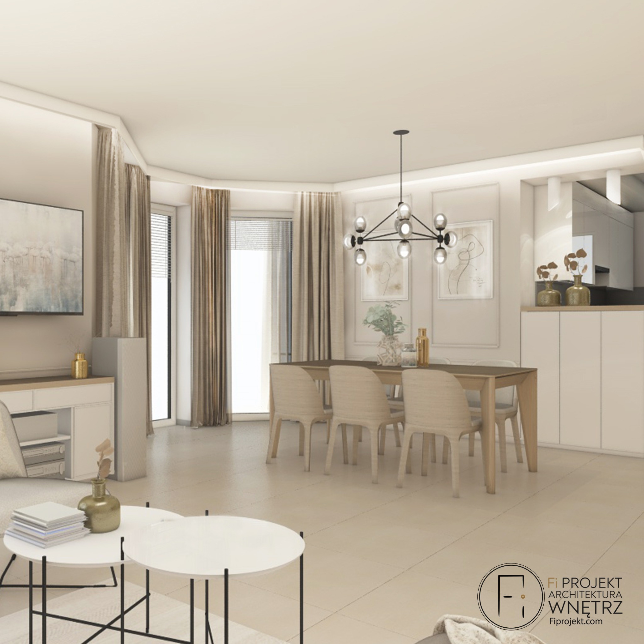 Wizualizacja przestronnego, jasnego salonu z jadalnią w neutralnej kolorystyce, z okrągłym stołem kawowym z książkami i złotym wazonem na pierwszym planie, oraz stołem jadalnianym z krzesłami...