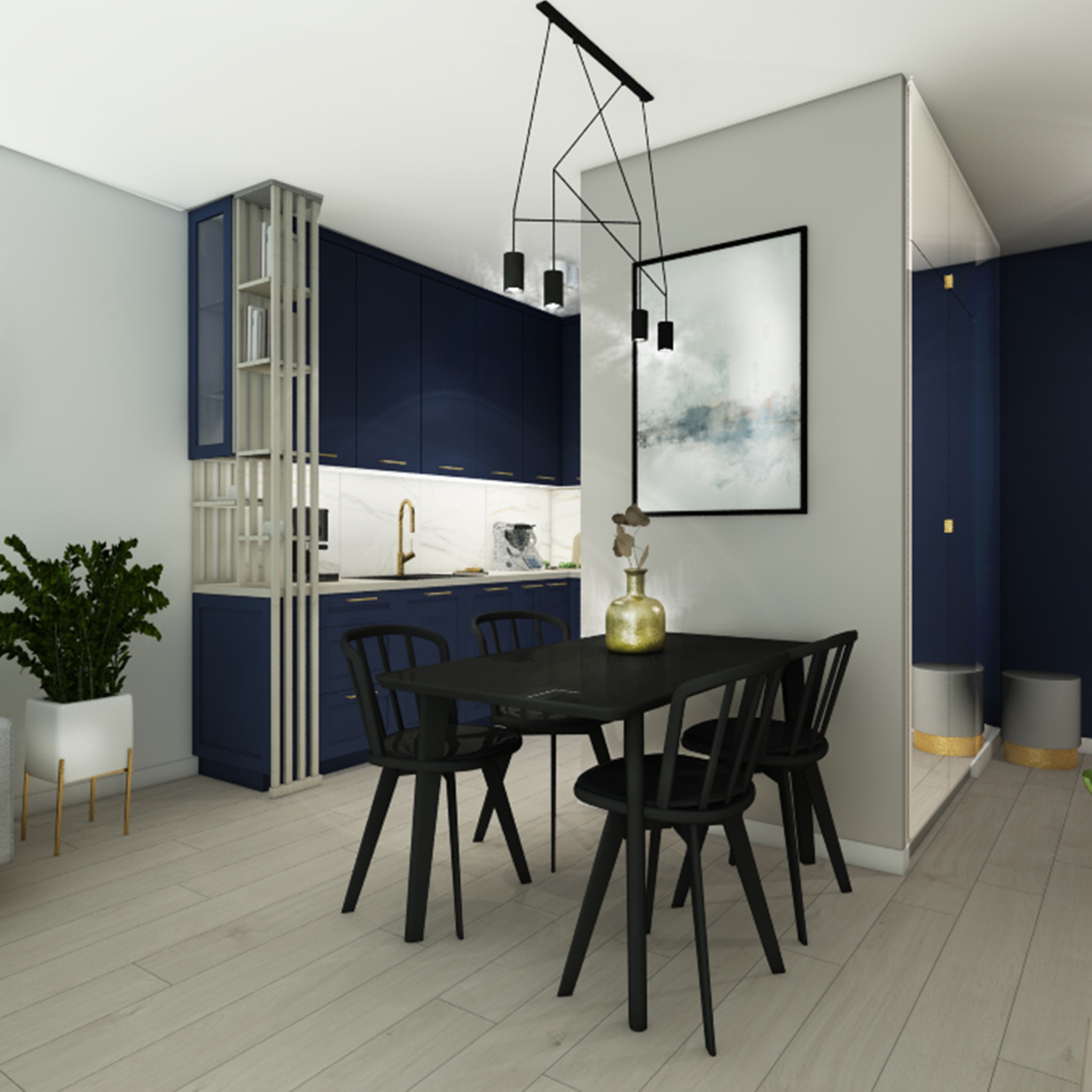 Projekt wnętrz wykonany przez biuro Fi projekt w Białymstoku. Współpraca zdalna, mieszkanie znajduje się w Gdyni.