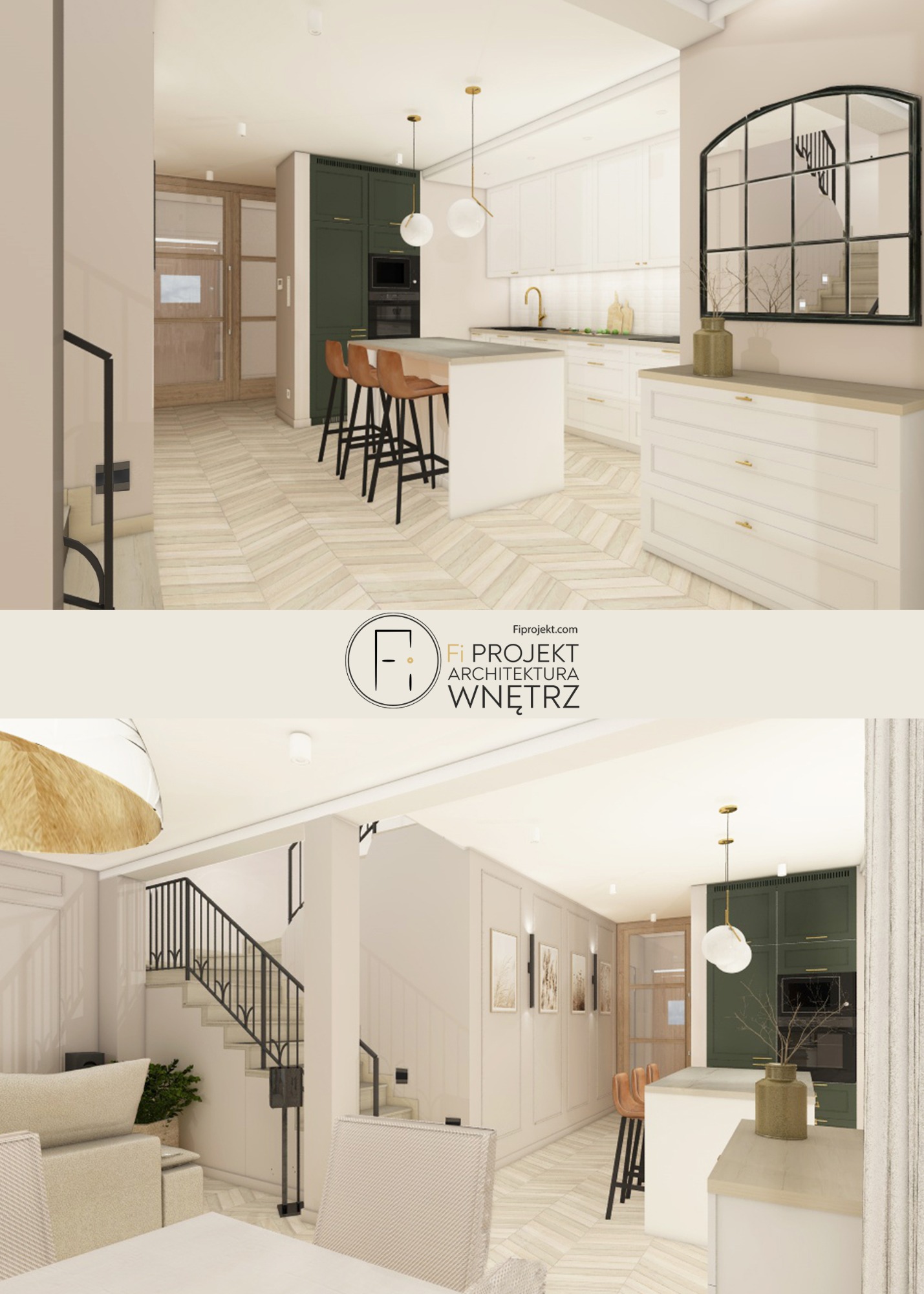 Wizualizacja wnętrza domu: salon z kuchnią, parkiet w jodełkę, wyspa kuchenna z hokerami, zabudowa kuchenna w kolorze butelkowej zieleni, schody z czarną balustradą.