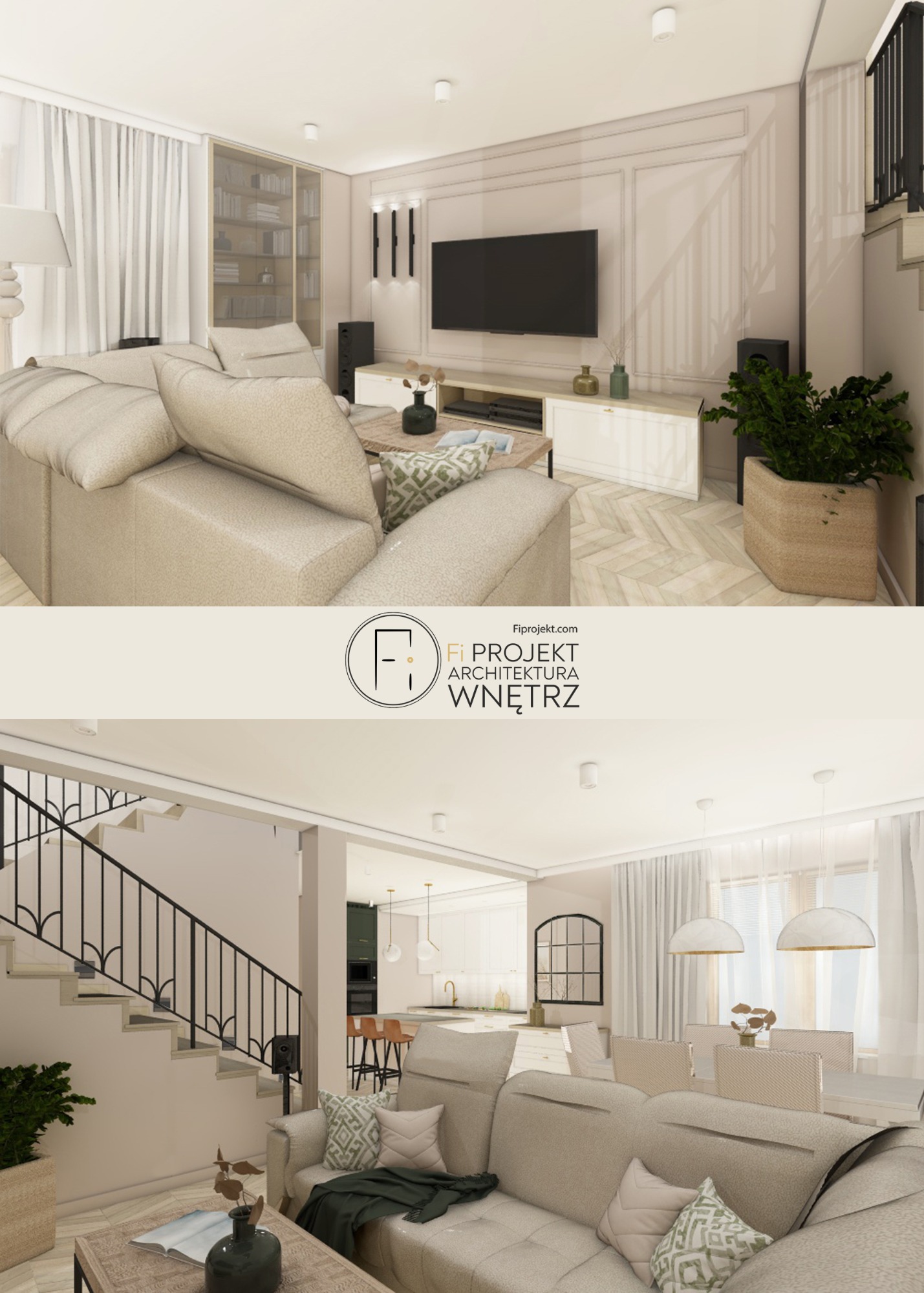 Projekt wnętrza domu w Białymstoku. Wizualizacja projektu salonu i kuchni.