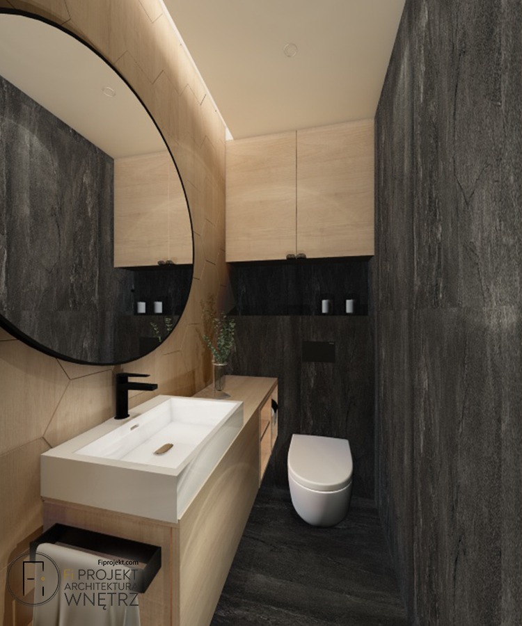 Projekt małej toalety z czarnymi akcentami