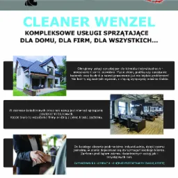Ulotka reklamowa firmy sprzątającej Cleaner Wenzel z ofertą kompleksowych usług sprzątających dla domu i firm, prezentująca zdjęcia domu, biura oraz uścisk dłoni.