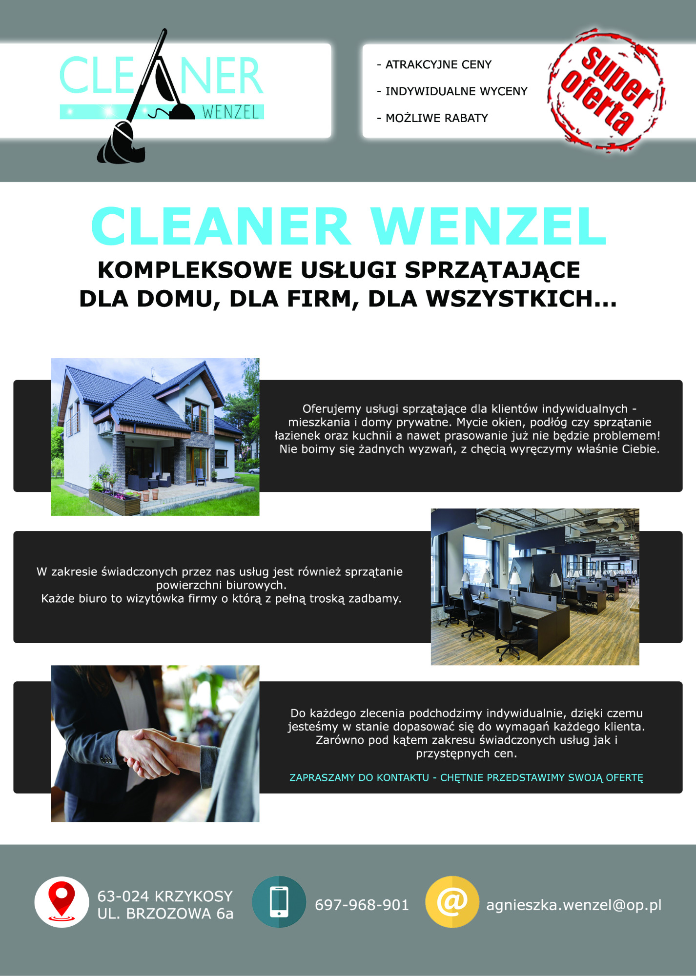 Ulotka reklamowa firmy sprzątającej Cleaner Wenzel z ofertą kompleksowych usług sprzątających dla domu i firm, prezentująca zdjęcia domu, biura oraz uścisk dłoni.