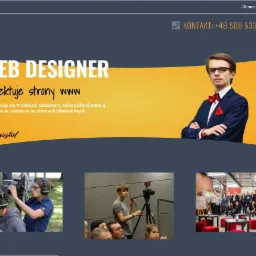 Wizytówka internetowa web designera Krzysztofa z ofertą projektowania stron WWW, prezentująca portfolio i dane kontaktowe.