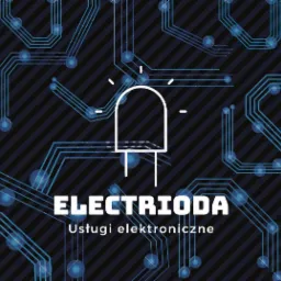 Grafika z logotypem firmy 'ELECTRIODA' świadczącej usługi elektroniczne, na tle schematu płytki drukowanej z niebieskimi ścieżkami i punktami połączeń.