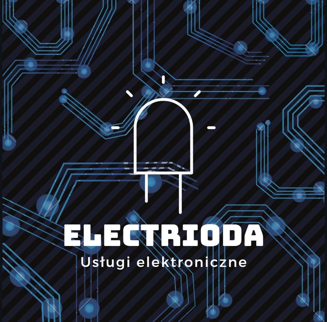 Grafika z logotypem firmy 'ELECTRIODA' świadczącej usługi elektroniczne, na tle schematu płytki drukowanej z niebieskimi ścieżkami i punktami połączeń.