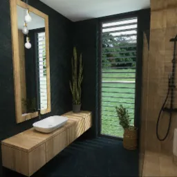 Wizualizacja łazienki z drewnianymi elementami, ciemnymi płytkami imitującymi kamień, wiszącą umywalką, dużym oknem z żaluzjami i kabiną prysznicową typu walk-in.