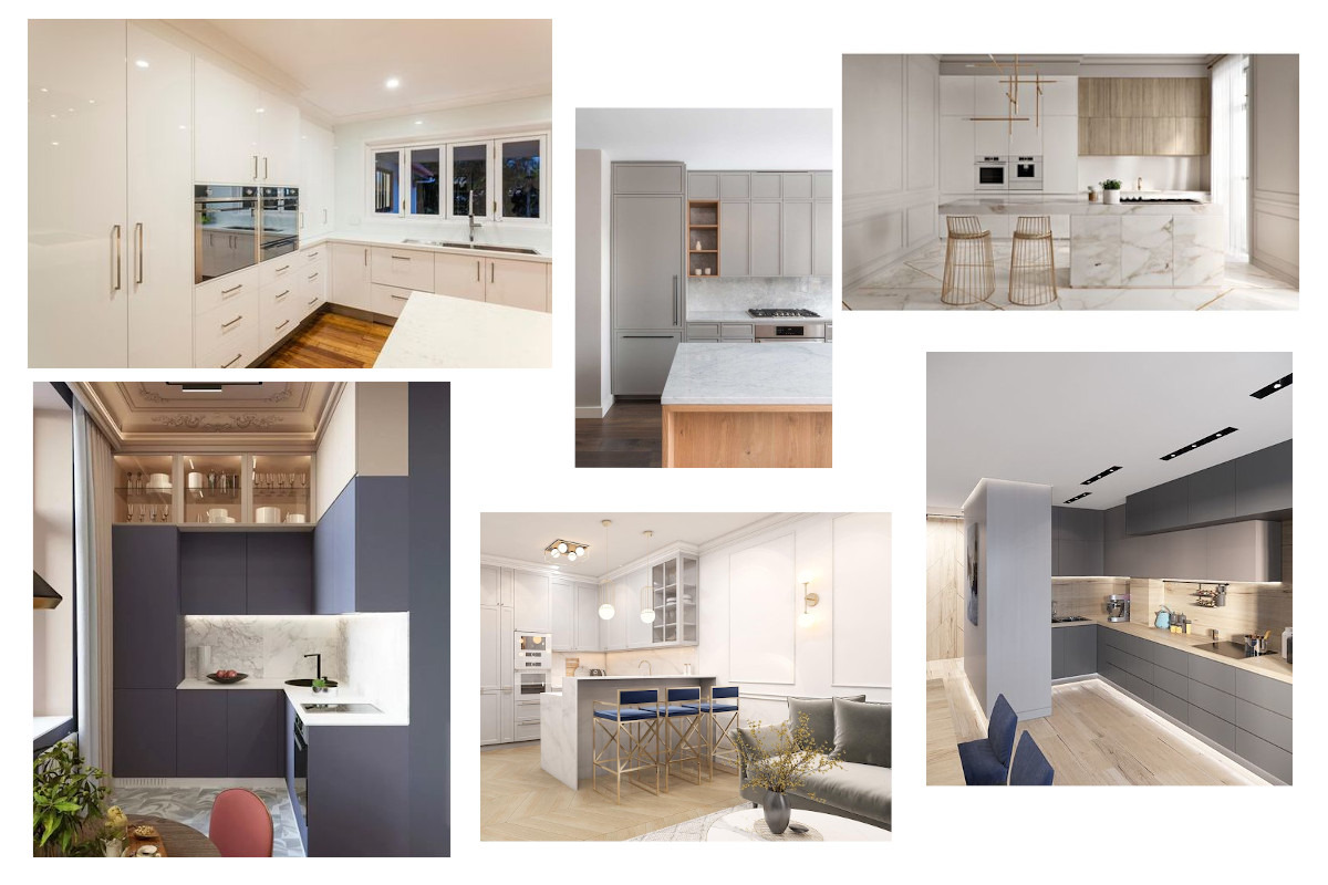 Kolaż sześciu różnych aranżacji kuchni w nowoczesnym stylu, prezentujących różnorodność kolorów, materiałów i układów, od jasnych, przestronnych wnętrz z wyspami po kameralne, ciemniejsze kuchnie...