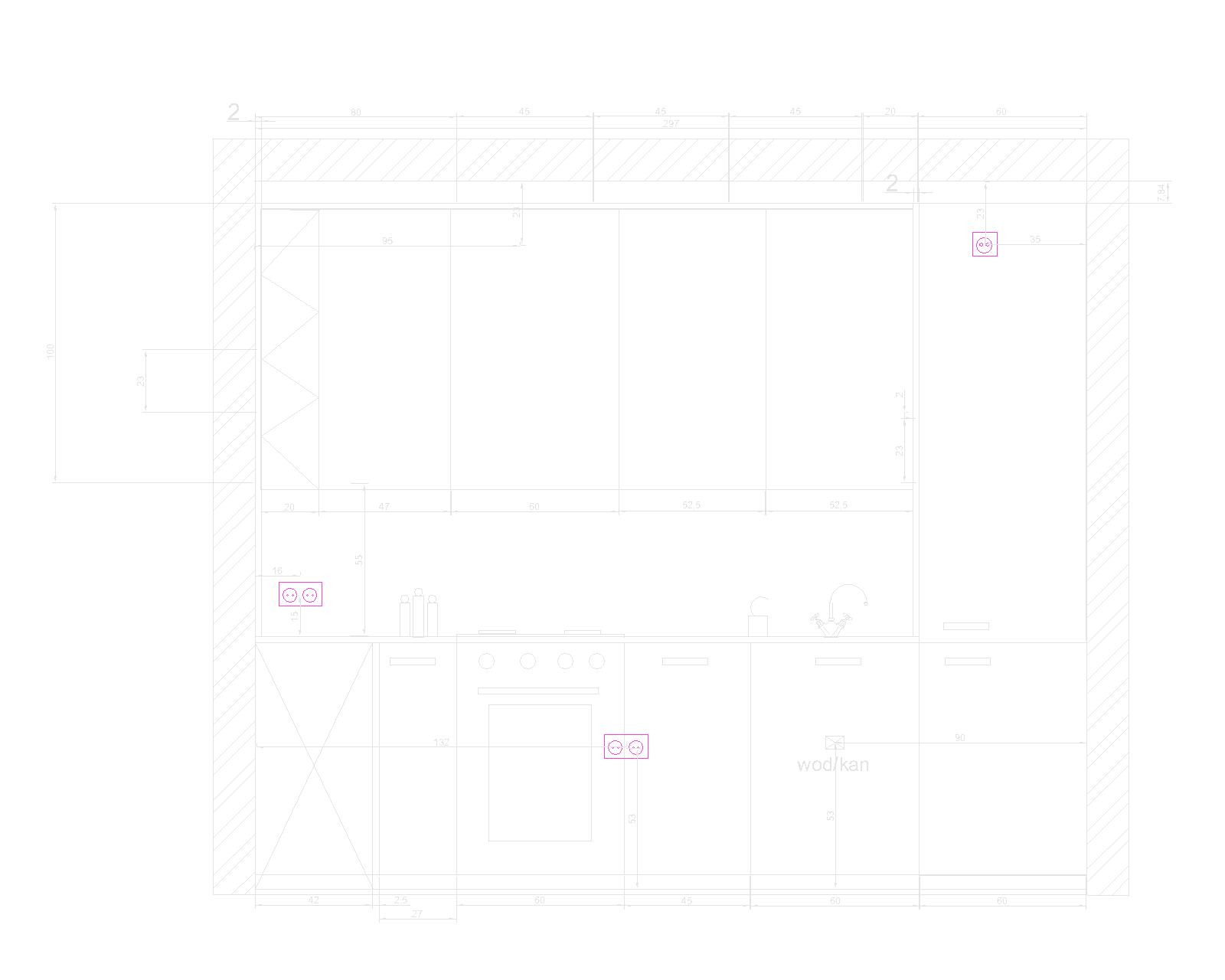 Techniczny rysunek rzutu poziomego kuchni z wymiarami, pokazujący rozmieszczenie szafek, sprzętów AGD i instalacji elektrycznych.