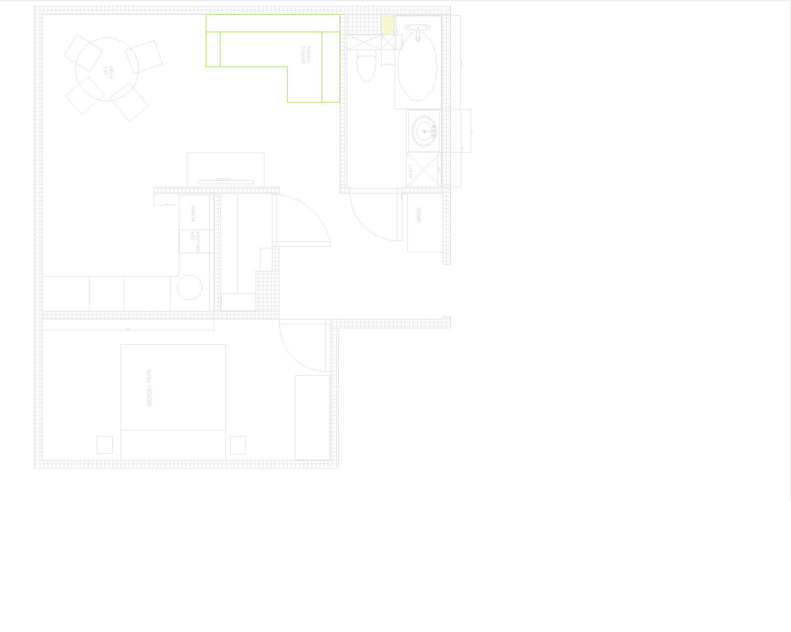 Plan mieszkania z rozkładem pomieszczeń: sypialnia, łazienka, salon z aneksem kuchennym, widok z góry.