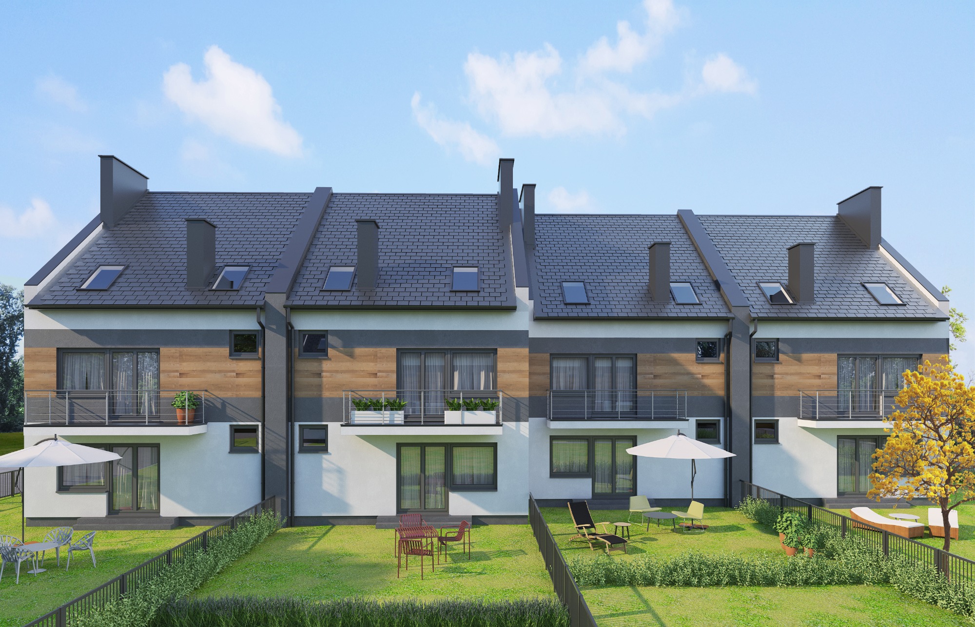 Wizualizacja szeregu domów murowanych z balkonami, drewnianą elewacją i szarym dachem z lukarnami, otoczonych zielonym trawnikiem i ogrodzeniem.
