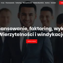 Strona internetowa firmy finansowej z uśmiechniętym mężczyzną w garniturze na pierwszym planie i hasłami: Finansowanie, faktoring, wykup wierzytelności i windykacja.