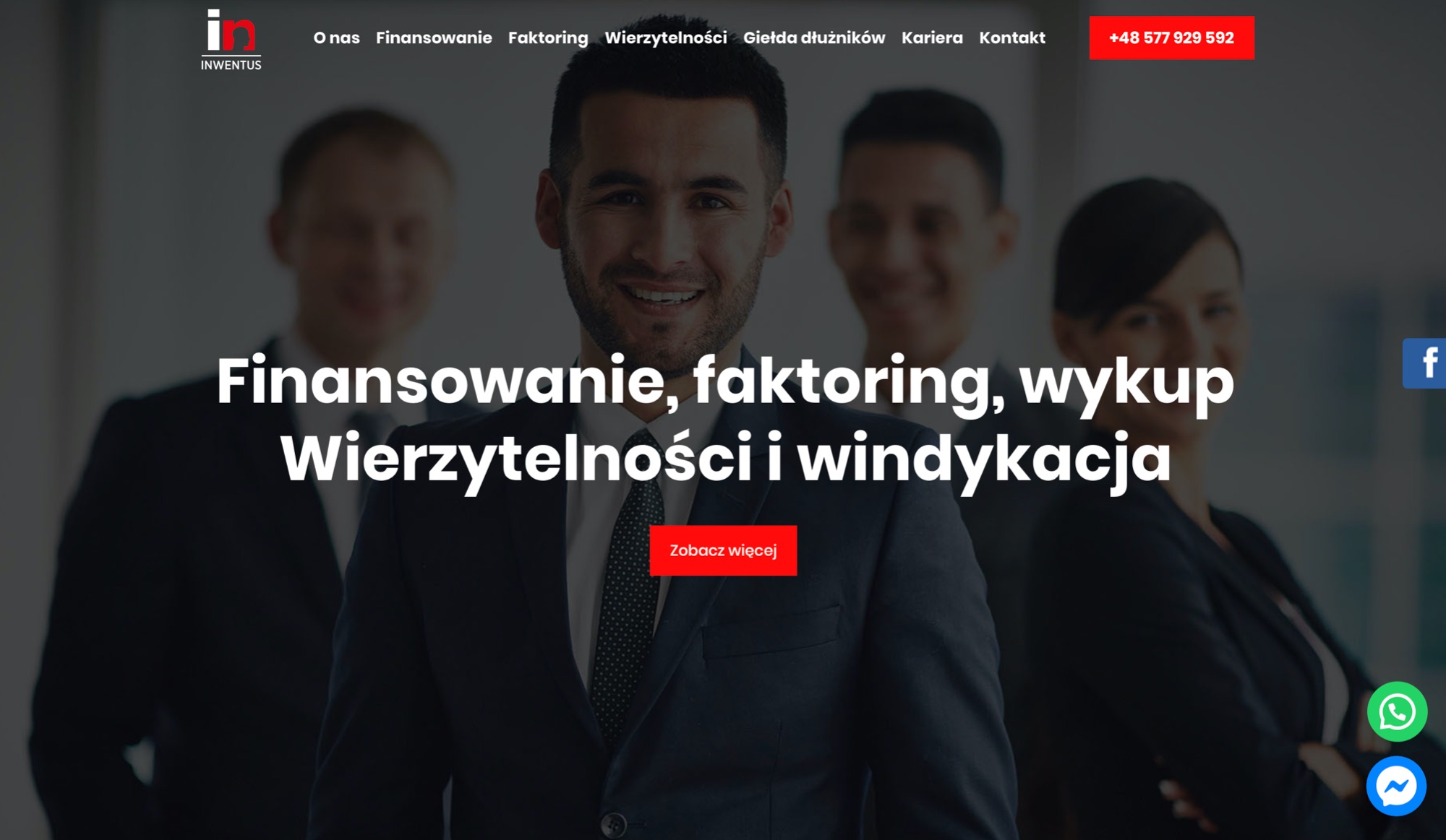 Strona internetowa firmy finansowej z uśmiechniętym mężczyzną w garniturze na pierwszym planie i hasłami: Finansowanie, faktoring, wykup wierzytelności i windykacja.