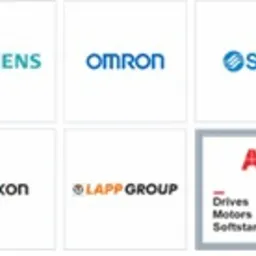 Kolekcja logotypów firm partnerskich i dostawców, w tym Siemens, Omron, SMC, Yaskawa, Phoenix Contact, Ixon, Lapp Group, ABB (Drives, Motors, Softstarters) i Rittal, prezentowanych na białym tle.
