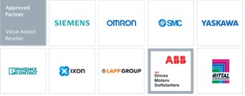 Kolekcja logotypów firm partnerskich i dostawców, w tym Siemens, Omron, SMC, Yaskawa, Phoenix Contact, Ixon, Lapp Group, ABB (Drives, Motors, Softstarters) i Rittal, prezentowanych na białym tle.