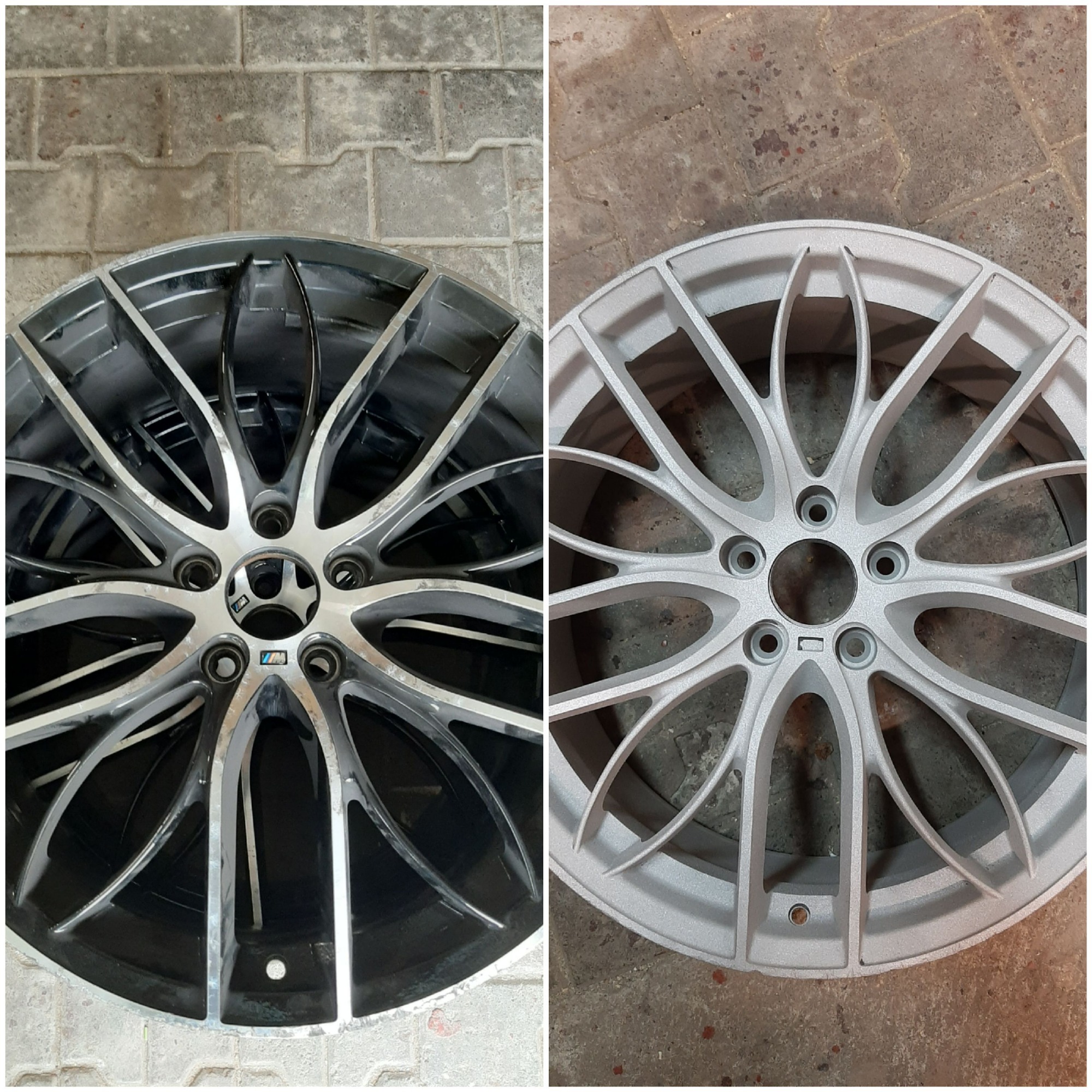 Felga aluminiowa BMW przed i po malowaniu proszkowym na kolor srebrny, widoczna różnica w fakturze i kolorze na tle betonowej kostki.